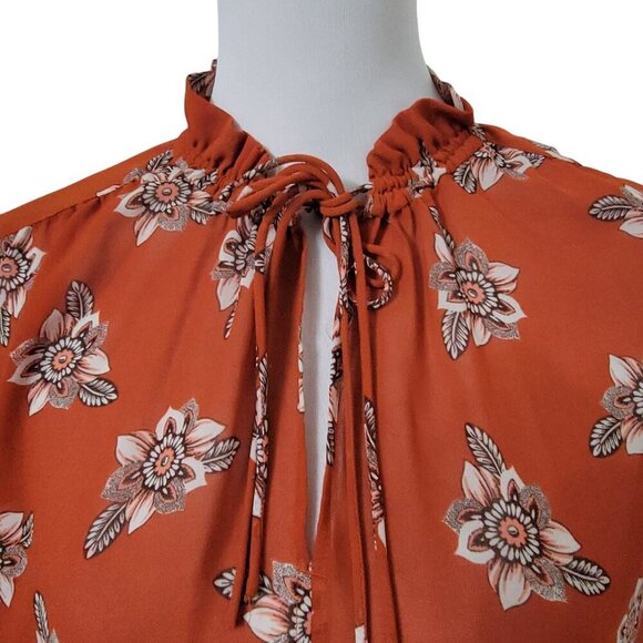 LOFT Size XS Burnt Orange Floral Pattern Long Sleeve Semi Sheer Tie Neck Blouse - Picture 2 of 12